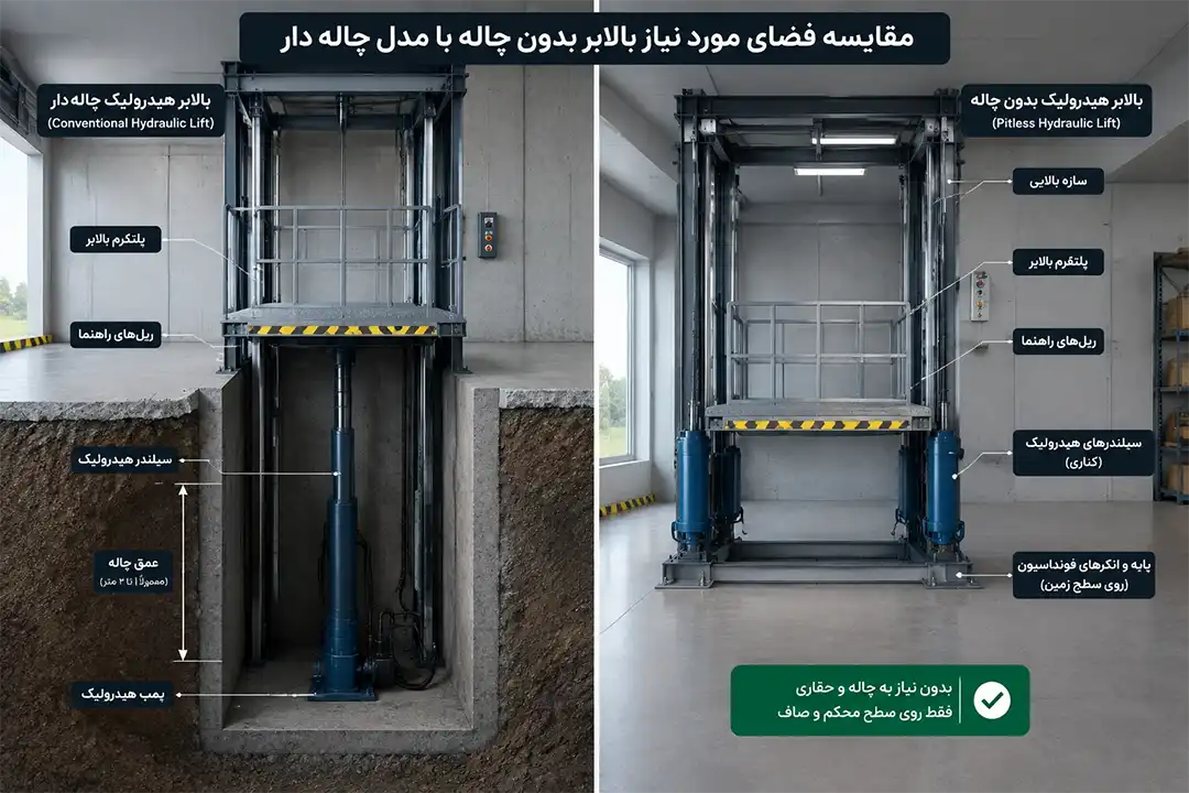 مقایسه فضای مورد نیاز بالابر بدون چاله با مدل چاله‌دار